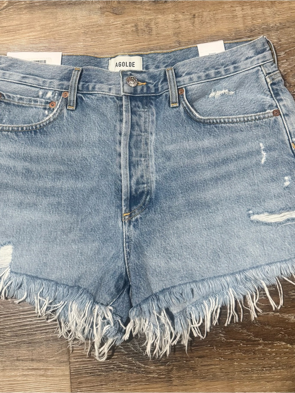 Agolde Light Blue Frayed Hem Distressed Denim Shorts